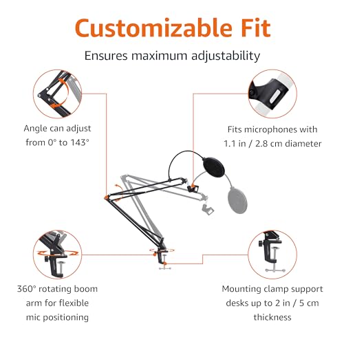 Amazon Basics Adjustable Microphone Boom Arm Stand, 19 inch, Supports Standard Microphones, Adjustable Tension, Includes Pop Filter & Windscreen, Desk Clamp Mount, Black - size: 19 inch