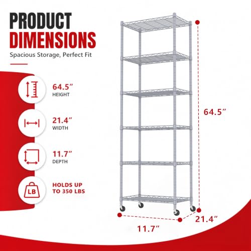 REGILLER 6 Wire Shelving Steel Storage Rack Adjustable Unit Shelves for Laundry Bathroom Kitchen Pantry Closet(Silver,11.7" D x 21.4" W x 64.5" H,With Wheels) - color: Silver, size: With Wheels 6tier 11.7"D x 21.4"W x 63"H