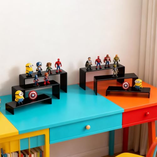 6 PCs Risers Display Stands 3 Tiers Desktop Acrylic Shelves Cake Dessert Holder Products Stand for Collectibles Shoes Jewels Pop Figure (Black) - color: Black 6 PCs