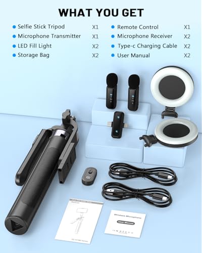 Vlogging Kit for iPhone/Android, 71" Selfie Stick Tripod for iPhone with Fill Light, Wireless Mic & Remote, Adjustable Aluminum Phone Tripod for TikTok/YouTube Content Creator Essentials Starter Kit - size: Tripod with Large Ring Light & Mic