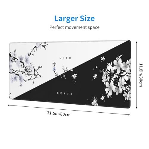 Japanese Life Death Keyboard Mat, Black White Japanese Anime Gaming Mouse Pad for Desk with Anti-Slip Rubber Base and Stitched Edges, Japanese Sakura Pagoda Sun Mouse Pad - color: Life Death