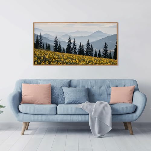 HPNIUB Large Boho Mountain Sunflowers Framed Canvas Wall Art Set, Nature Pine Tree Landscape Wall Decor, Misty Forest Art Print, Rustic Wildflower Painting Artwork for Living Room, Bedroom,Office -20''x40'' - color: Boho Sunflowers Landscape Wall Art, siz