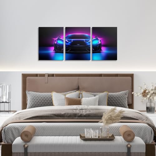Boys Sports Car Canvas Wall Art Set of 3,Cool Blue Purple Race Car Wall Art for Kids Boys Girls Teens,3D Racing Cars Decor,Extreme Sports Theme Poster Prints Racing Games Race Cars,12x16 - color: Blue Purple Black