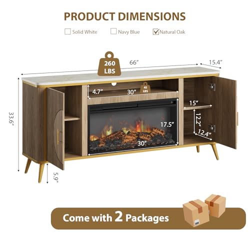 Fluted Fireplace TV Stand Up to 80" TVs, Modern Entertainment Center with 30" Electric Fireplace, Luxury Media Console with Adjustable Shelves for Living Room, Nature Oak - color: Nature Oak