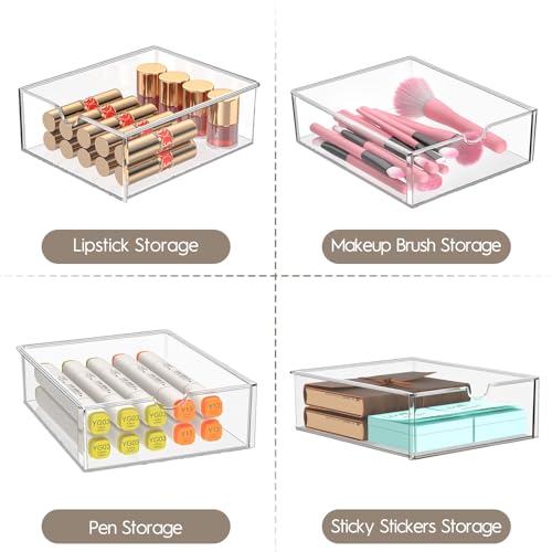 AMALEKO Acrylic Drawer Organizers - 21 Drawers 4 Set - Clear Storage Drawers for Office Supplies - Stackable Makeup Organizer - Dustproof Desk Organizers for Makeup, Jewelry, Pen, Stationary