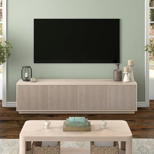 Henn&Hart Fluted TV Stand for TVs up to 85" with 2 Concealed Ribbed Storage Cabinets and Adjustable Shelves for Living Room, Family Room, or Office, Beech White - color: Beech White, size: 79" TV Stand