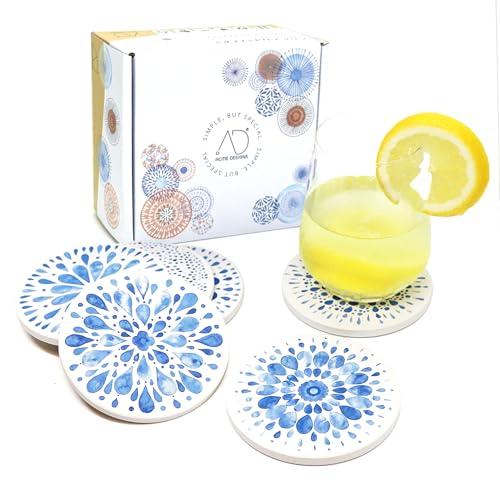 AD Set of 6 Coasters for Drinks Absorbing Round Ceramic Stone Coaster with Cork Base,Tabletop Protection Mat for Mugs and Cups,Office,Kitchen (Indigo Blue 2) - style: Indigo Blue 2