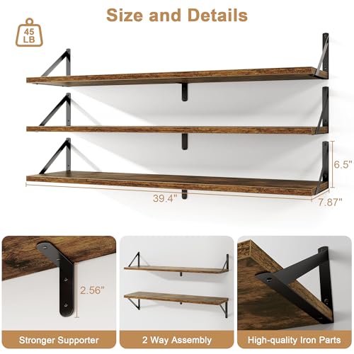 Fun Memories Long Wall Shelves for Bedroom, Set of 3 Large 40-Inch Floating Bookshelves, Rustic Wood Display Shelf for Home and Office (Rustic Brown) - color: Rustic Brown, size: 40"W x 8"D