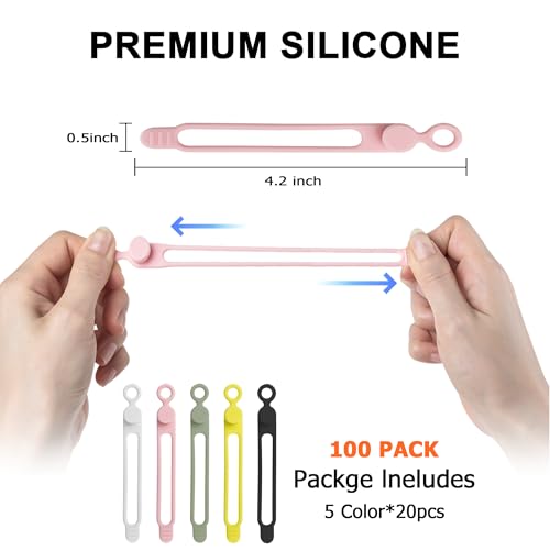100Pcs Silicone Cable Ties Cord Organizer for Bundling Earphone, Phone Charger, Computer Cords, Reusable Cable Ties Wire Organizer in Home,Office,Kitchen,School (5 Colors) - color: 100pcs-multicolor, size: 4.2 Inch
