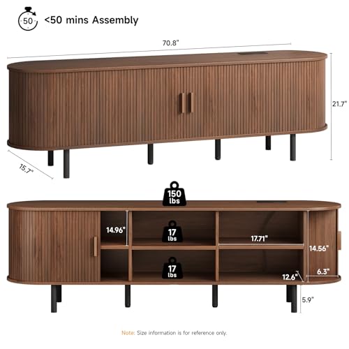 ONBRILL 70.8" TV Stand with Power Outlet for TVs up to 75 Inch, Entertainment Center with Storage and Adjustable Shelves, Modern Media Console with Sliding Doors for Living Room, Walnut - color: Walnut, size: 70.8 Inch