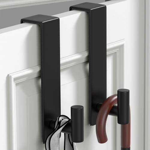 PMMASTO 2-Pack Over The Door Hooks - Rustproof Stainless Steel Door Hangers for 1-3/4 Inch Doors, Non-Marking and Tool-Free Easy Install (Black, T Shape-Fits 1-3/4" Thick Door) - color: Black, size: 7.5 Inch-2 Pack, Fits 1-3/4" Thick Door