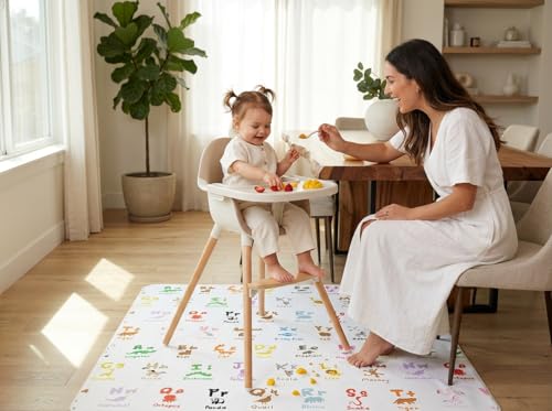 51" Splat Mat for Under High Chair/Arts/Crafts, WOMUMON Baby Washable Spill Mat Waterproof Anti-Slip Floor Splash Mat, Portable Play Mat and Table Cloth - color: Zoo Alphabets