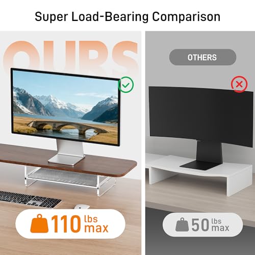 Dual Monitor Stand 43 Inch Extra Large Monitor Riser for Desk, Acrylic Clear Legs Desk Organizer Shelf with Felt Lining Storage Drawer, Compatible with Computer Laptop PC Printer Flat Screen TV