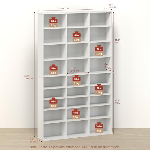 Toki 24-Shelf DVD Storage Tower, Adjustable CD Rack & Media Shelf Organizer, Slim Media Storage Cabinet for Living Room, Bedroom, or Game Room, White - color: White, size: 24-Shelf