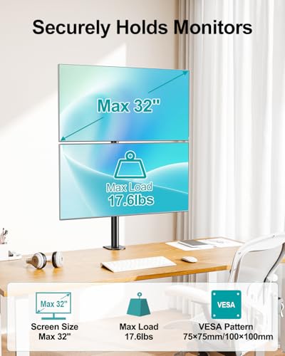 MOUNT PRO Vertical Dual Monitor Stand, Stacked Monitor Mount for 2 Monitors Up to 32 inches, Computer Monitor Arm with Swivel, Tilt, Height Adjustable, Each Monitor Desk Mount Holds up to 17.6 lbs - size: Max 32“ Basic