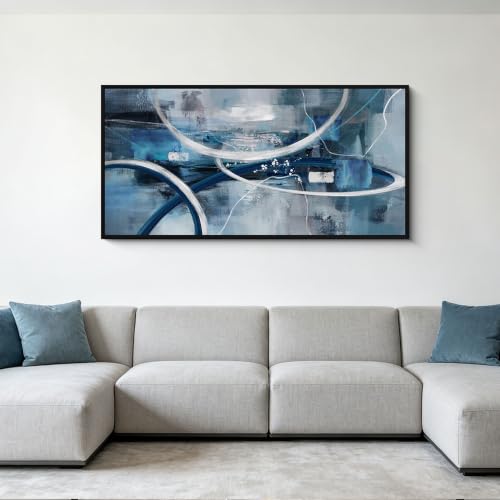 Blue Abstract Wall Art Modern Neutral Fluid Painting with Thin Black Frame | Canvas Minimalist Wall Art Medium Size—Perfect for Living Rooms Bedrooms and Offices Exudes a Sense of Calm Picture - 58x29 - color: Blue and white, size: 29x58 inches