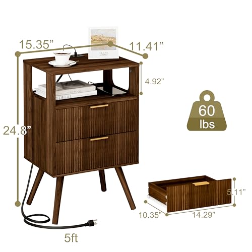 JOONEE Nightstand with Charging Station and LED Lights,Modern Bedside Table with 2 Storage Drawer and Open Wood Shelf, for Bedroom and Small Spaces,Night Stand with Solid Wood Legs,Walnut Brown - color: Walnut Brown