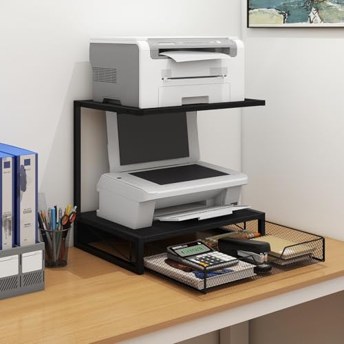 ELITEROO 2-Tier Printer Shelf with Drawers, Wooden Desk Organizer Shelf for Small Printers and Office Supplies, Desktop Storage Rack for Books, Folders, Scanner, Fax Machine, 3D Printer, Black - color: Black with Drawer