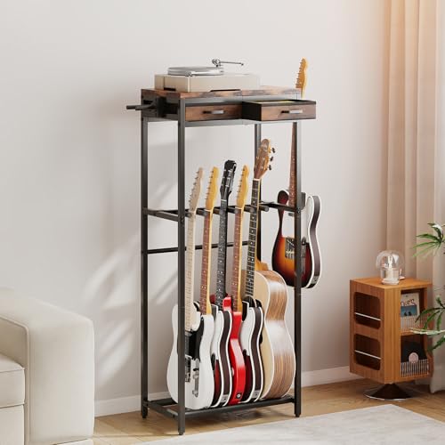 ELYKEN Guitar Stand, Guitar Rack with 2 Hangers and Storage Drawers for Guitar Accessories, Multiple Guitar Holder for Acoustic Electric Guitar, Bass, Instrument, Music Studio, Rustic Brown - color: Rustic Brown, size: 5-7 Guitars