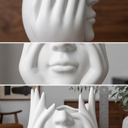 Face-Holding Creative Pen Holder Art Decor Ornament, suitable for desk/vanity tabletop brush storage, home/office/bookshelf room decoration, with artificial flower base and gift-giving.