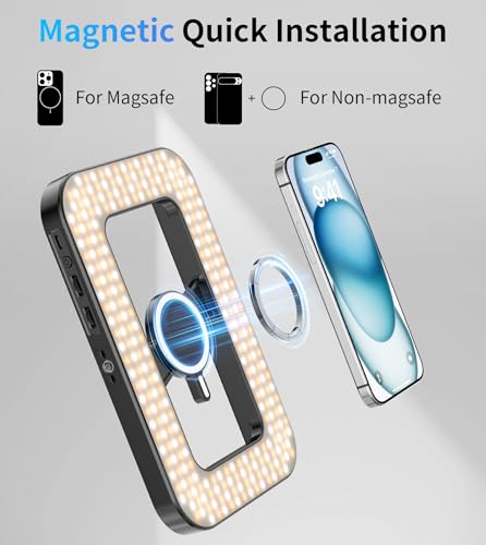 Magnetic 6000mAh RGB Selfie Ring Light for iPhone,448 LED Rechargeable Phone Light with Mini Tripod Stand, Double-Sided Magnet Handheld Stabilizer with Light for Magsafe/Phones/Video Recording/Photos