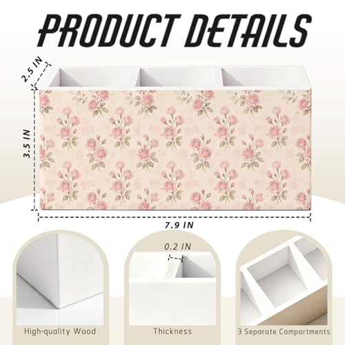 Pink Rose Flower Pen Pencil Holder for Desk, Cottagecore Pink Floral Botanical Wooden Box Sign Decorations for Home Office Girls Room Bedroom Desk Tabletop - color: 04-Pink Rose Flower(white)