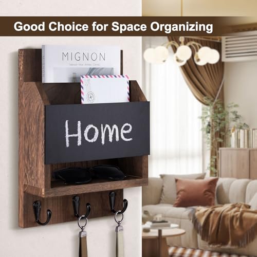 Key and Mail Holder for Wall, Key Holder with Chalkboard and Long Storage Box, Key Hanger with 3 Sturdy Hooks for Coat, Dog Leash, Entryway Mail Organizer (Brown) - color: Brown