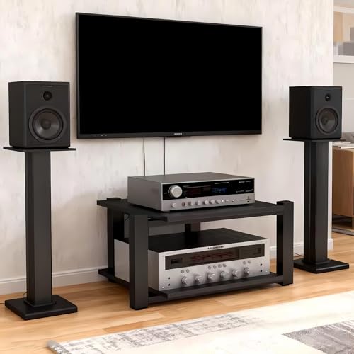 Heavy Duty Audio Rack Tower, Av Media Player Stand with Wooden Shelves, Black Cd Stereo Equipment Cabinet, Suitable for Home,Office/Audio Video/Theate (Black, 2 Tier) - size: 2 Tier
