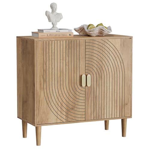 Smuxee Oak Sideboard Cabinet, Freestanding Buffet Cabinet with Line Groove Design, Wood Storage Cabinet with Adjustable Shelf for Living Room, Entryway, Hallway - color: Oak