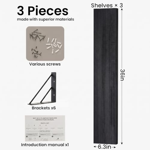 BAYKA Wall Mounted Floating Shelves, Wood Floating Wall Shelf for Books & Decor, Small Space-Saving Display & Organizer(Black,36in,Set of 3) - color: A. Black Board & Black Brackets, size: 36-inch Extended