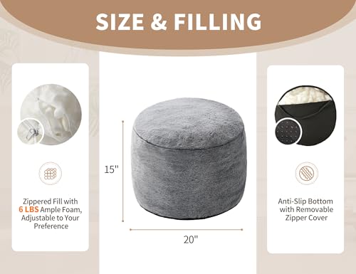 WSOFRLAC Round Pouf Ottoman, Small Poofy Ottoman, Foot Stools Ottomans, Foot Rest for Couch, Furry Poufs for LivingRoom, Hassocks and Ottomans Soft for Chair, Memory Foam Filling-Dark Grey 20x15 - color: Dark Grey, size: 20"D x 20"W x 15"H