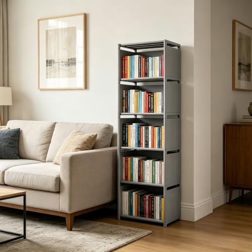 RIIPOO Book Shelf, 5-Cube Storage Organizer, Metal & Fabric Bookcase for Small Spaces, Bedroom, Living Room - style: 5-Cube