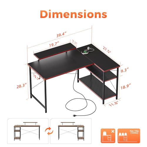 Mericonia Small L Shaped Computer Desk with Power Outlets, Reversible Gaming Desk with Storage Shelves & Monitor Stand, Corner Gamer Desk Table, Study Writing Table - color: Carbon Fiber, size: 40 inch