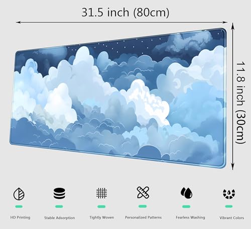Desk Mat Blue and White Puffy Clouds Desk Pad Cute Gaming Mouse Pad XL Large Mousepad Anime Desk Matt for Desktop, Laptop Computer Keyboard Mouse Mat for Women Office Decor Accessories 31.5x11.8 in - color: Blue and White Clouds, size: 31.5" x 11.8"