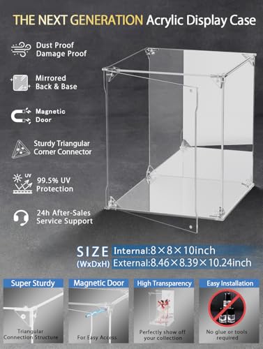 Clear Acrylic Display Case with Mirrored Back and Base, UV Protected Acrylic Box with Magnetic Door, Dustproof Display Box Showcase for Collectibles, Figures, Models, Toys (8x8x10inch) - size: 8x8x10 inch
