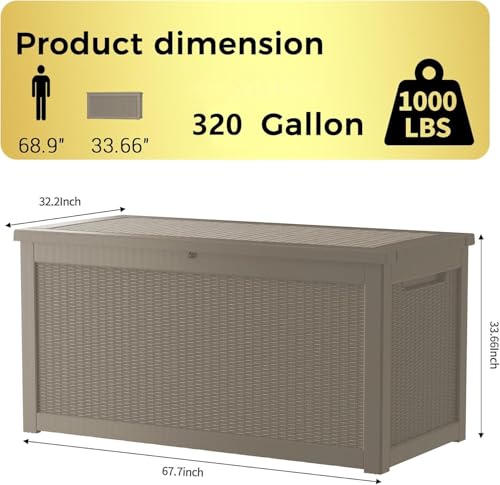 Outdoor Storage Box Waterproof, 320 Gallon Lockable Resin Deck Box, Patio Storage Bin for Pool Accessories Cushion Furniture, Garden Tools, UV-Resistant Outside Delivery Grey - color: Grey, size: 320 Gallon
