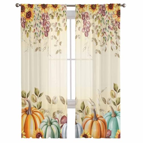 Thanksgiving Pumpkins Eucalyptus Leaves Sheer Curtains 84 Inch Length 2 Panels Set for Living Room/Bedroom,Fall Sunflowers Semi Curtain Sheers Drapes Rod Pocket Floral Curtains Window Set 52x84x2 Inch - color: Fall, size: 52"W x 84"L (Pack of 2)