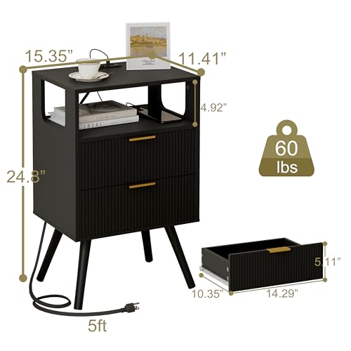 JOONEE Black Nightstand with Charging Station and LED Lights,Modern Bedside Table with 2 Storage Drawer and Open Wood Shelf, for Bedroom and Small Spaces,Night Stand with Solid Wood Legs,Black - color: Black