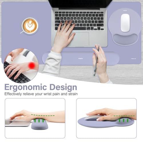 MOSISO Wrist Rest for Keyboard Mouse Pad Set, Large Gaming Deskpad&Circle Curved Mousepad&Keyboard Wrist Rest&Coaster, Ergonomic Non-Slip Mousepad&Easy Typing Pad with Silicone Lining, Lavender Gray - color: Lavender Gray