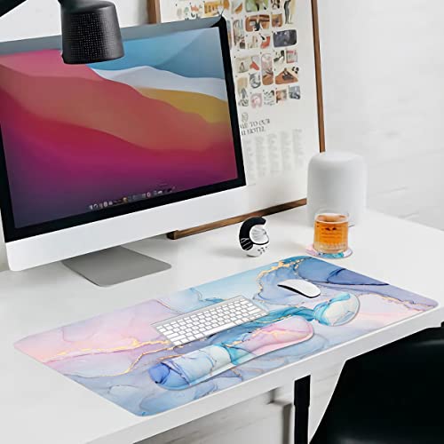 4-in-1 Large Gaming Mouse Pad, Keyboard Wrist Rest Pad & Wrist Support Mousepad Set, Extended Desk Pad Waterproof Desk Mat for Home Office Study Game - Blue - color: Blue Marble