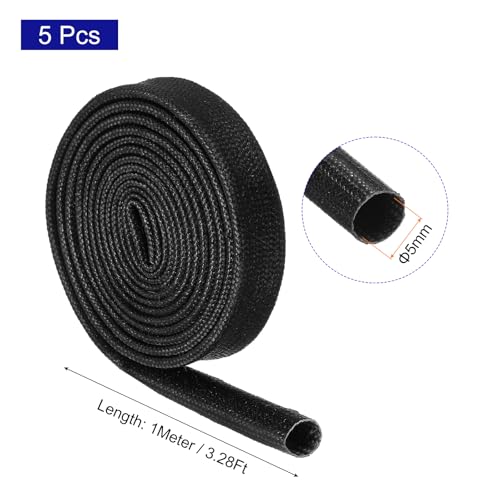 MECCANIXITY 5Pcs Wire Insulation Braid Fire Sleeve,3.28Ft-5mm ID Black, High Temp Silicone Coated Fiberglass Sleeving for Automotive Hose Lines Electrical Wiring - color: Black, size: 3.28Ft-5mm