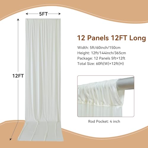 60×12ft Wrinkle Free Ivory Backdrop Curtain for Wedding Parties, 12 Panels 5×12ft Long Soft Silky Polyester Backdrop Drapes Cream Photo Back Drop Curtains for Party Photography Background Cloth - color: Ivory, size: 12ft Long_12 Panels