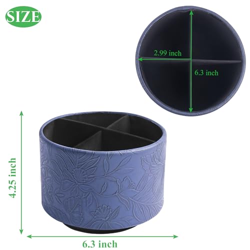 Round Leather Art Supply Organizer,Remote Control Holder,360 Degree Spinning,Multi-Functional Pencil Holder,4 Compartments Desktop Stationary Organizer(1-Carved Dark Blue) - color: 1-Carved Dark Blue