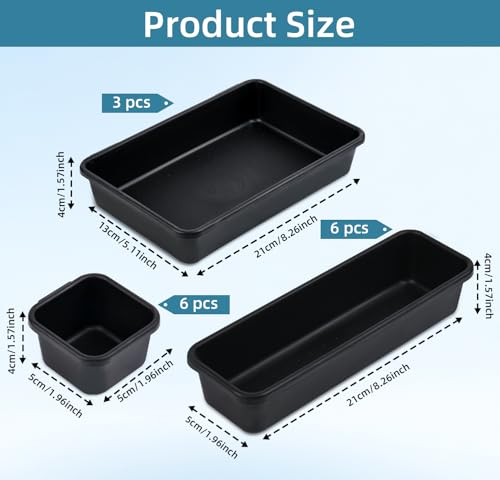 Kutesna 15 Piece Drawer Organizer Set, 3 Size Interlocking Plastic Storage Bins for Office Supplies, Jewelry Makeup Vanity, Bathroom Kitchen, Home Organization Closet, Gadgets Small Items, Black - color: Deep Black, size: 15 pieces
