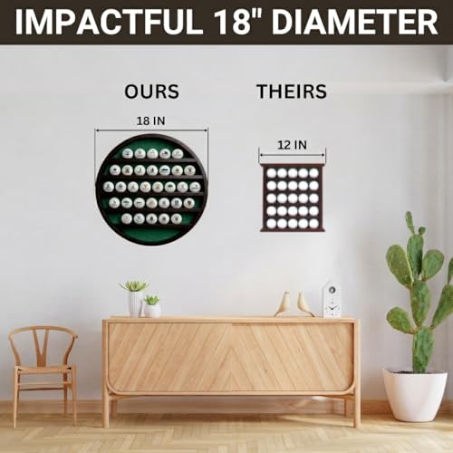 Golf Ball Display Case for 32 Balls – Modern Golf Decor ft. 18” Moon Shelf Design, Solid Wood, Wall Mounted, Dark Brown Finish – Golf Ball Holder & Display Cases for Collectibles
