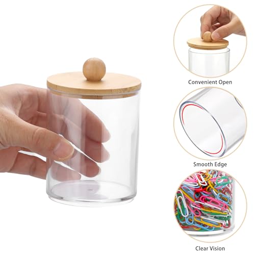 BTSKY 4 Pack PaperClip Holders with Bamboo Lid, Round Binder Holder for Desk, Clear Paper Clip Dispenser Small Office Supply Accessory Organizer Qtip Holder for Office Bathroom Vanity, Clear