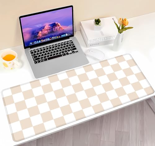 Beige Sand Checkered Desk Pad, Cute Aesthetic Retro Extra Large Mouse Pad for Kids Girls, Computer Mousepad Laptop Desk Mat, Writing Mat for Work Home, 31.5 X 11.8 in - color: Beige Sand Checkered