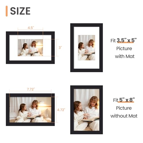 upsimples 5x8 Picture Frame, Display Pictures 3.5x5 with Mat or 5x8 Without, Wall Hanging Photo Frame, Black, 1 Pack - color: Black, size: 5x8
