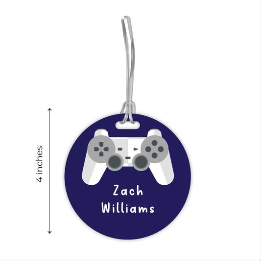 Personalized Gamer Circle Luggage Tag / 4" Round Custom Video Game Bag Tag/Double Sided Durable Plastic Luggage Tag with Plastic Strap/Made in The USA - style: Video Game