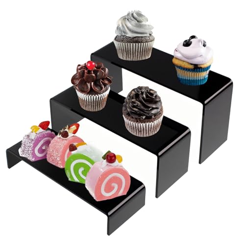 3 Pack Black Acrylic Display Risers, Tiered Display Stand Set in 3 Sizes for Perfume, Cosmetics, Cupcakes, Figures, Toy Cars, Collectibles and Small Decor